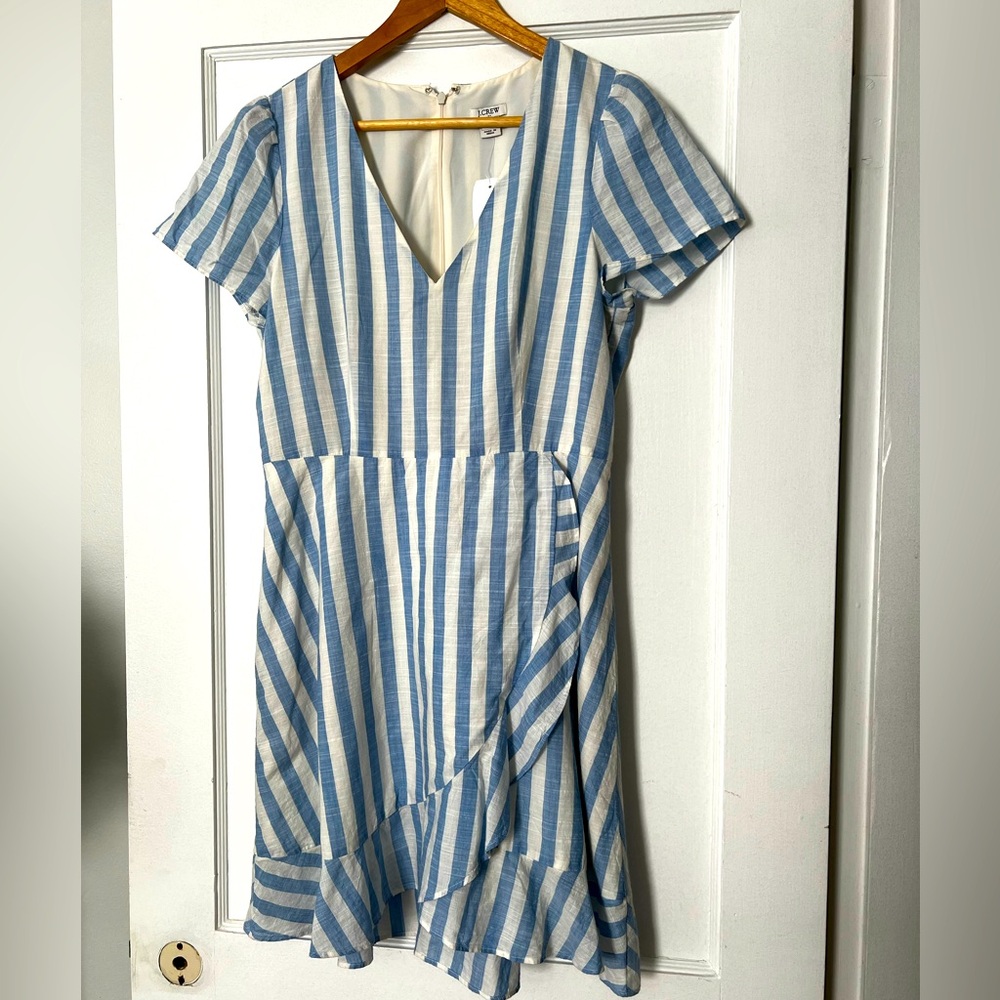 NWT J Crew Striped Faux Wrap Dress Cotton Coastal Beachy V Neck Ruffles 8